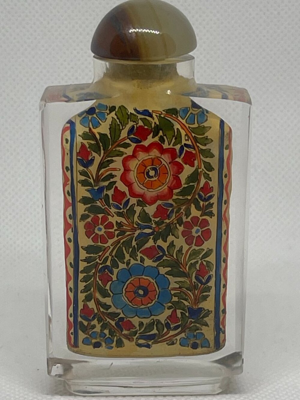 Vintage Mid Century Reverse Painted Glass Snuff Bottle Floral Kalamkari Style